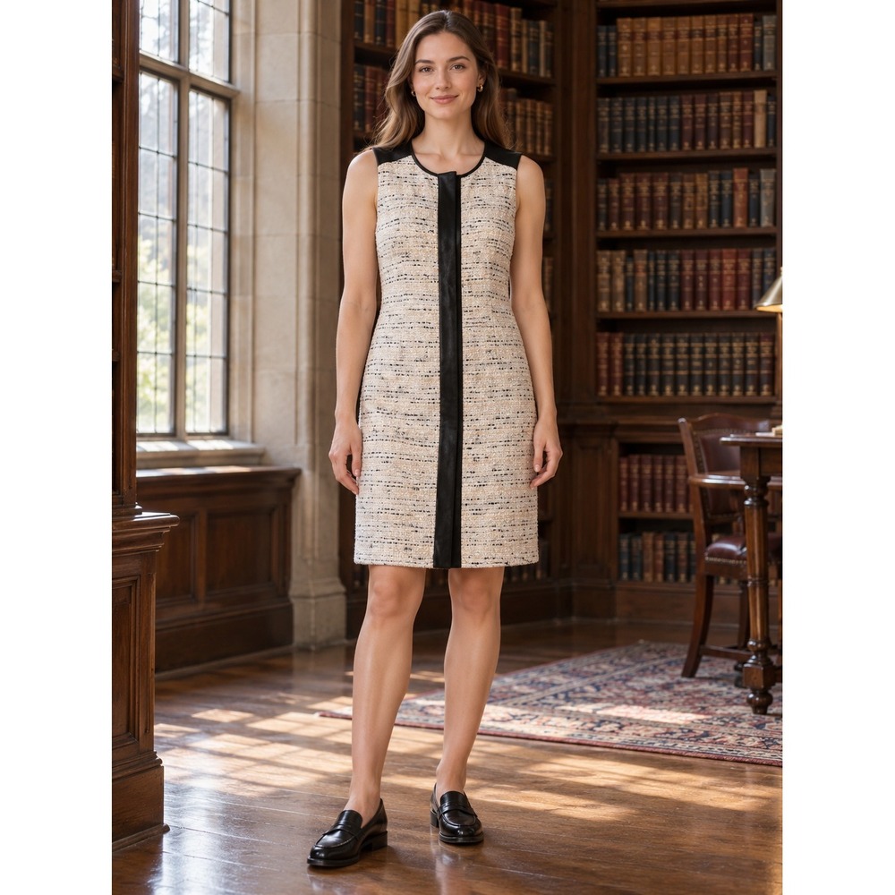 635. Academia Core Chic Tweed Faux Leather Trim Sleeveless Shift Dress